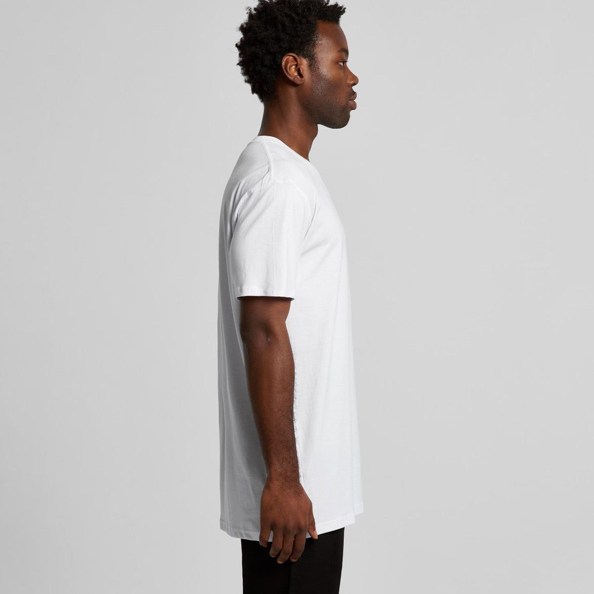 White crew neck t-shirt with short sleeves and a relaxed fit.