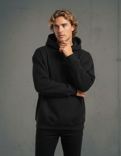 A black hooded sweatshirt with long sleeves and a front pouch pocket.