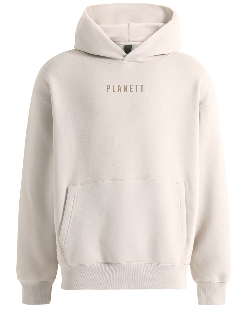 Beige hooded sweatshirt.