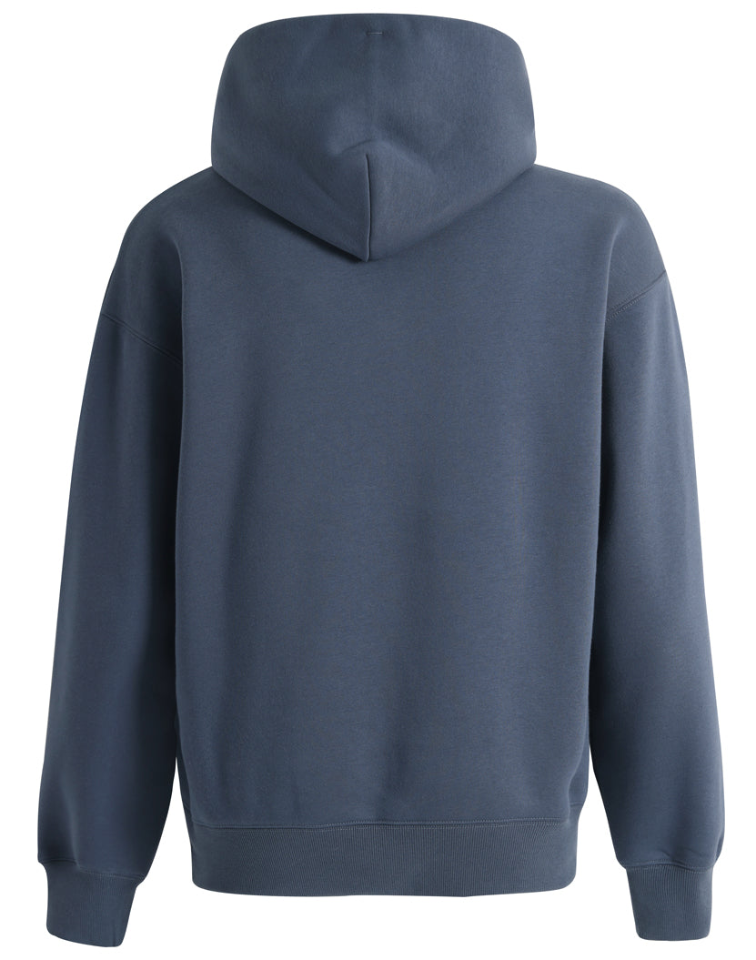 Blue hooded sweatshirt.