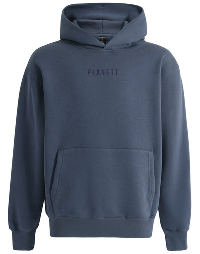 Blue hooded sweatshirt.
