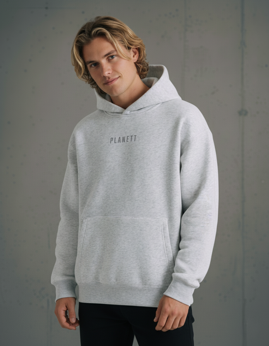 A light grey heathered pullover hoodie with a front kangaroo pocket.