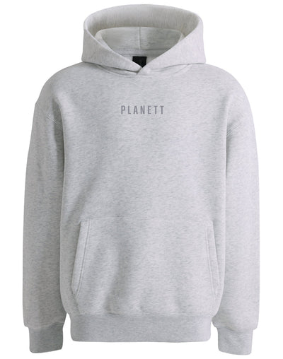 Gray hooded sweatshirt.