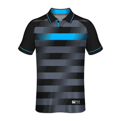 Black and gray striped polo shirt.