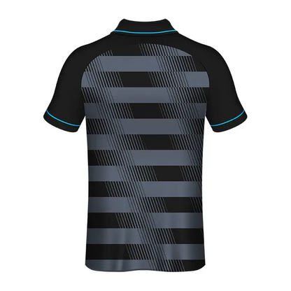 Black and gray striped polo shirt.