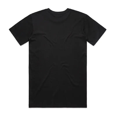 Black short-sleeved t-shirt.