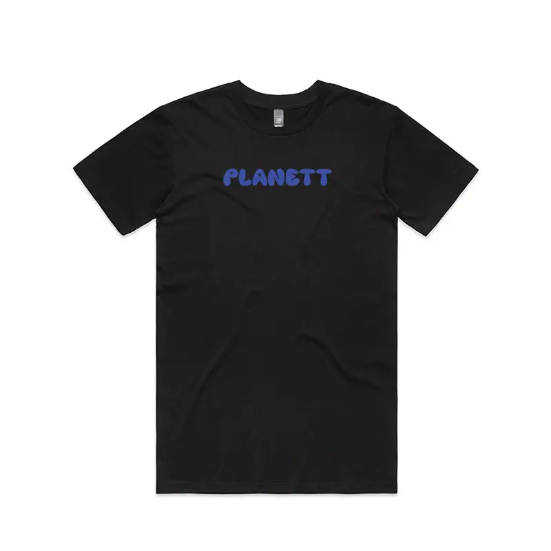 Black t-shirt with blue lettering.