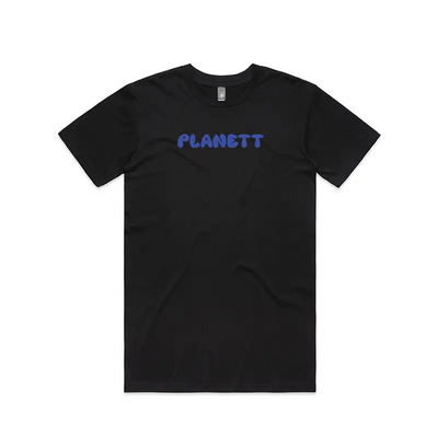 Black t-shirt with blue lettering.