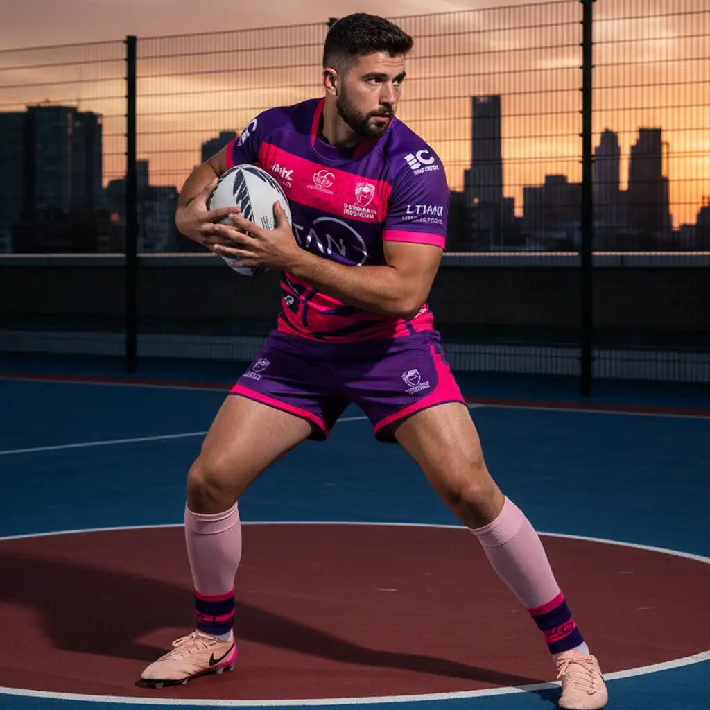 Purple and pink rugby jersey with sponsor logos, worn by a player holding an official match ball.