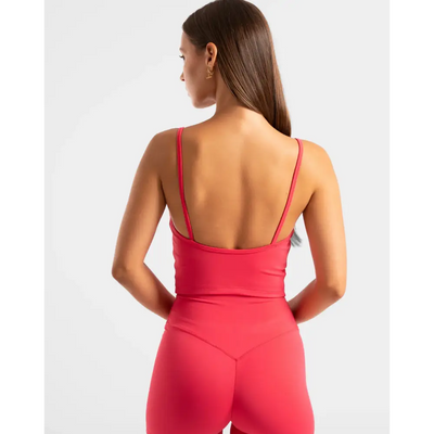 Red athletic top and leggings.