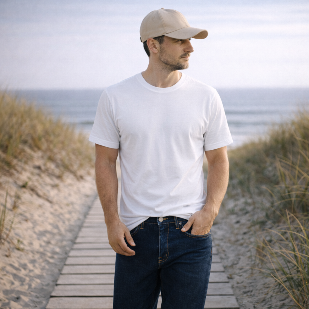 A man wearing a plain white cotton t-shirt and dark blue denim jeans.