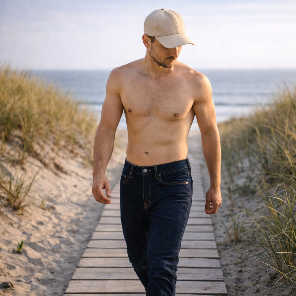 A man wearing dark blue denim jeans and a beige baseball cap.