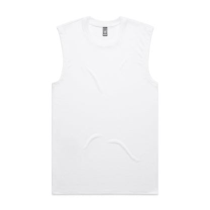 White sleeveless t-shirt with ribbed neckline and hem, likely made of cotton or polyester blend.