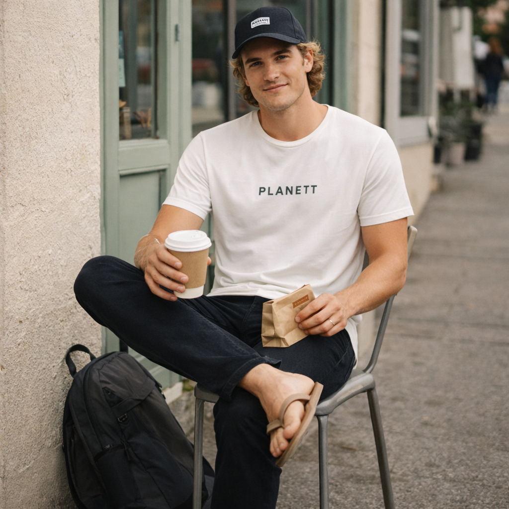 White cotton t-shirt with black ’planett’ text across the chest