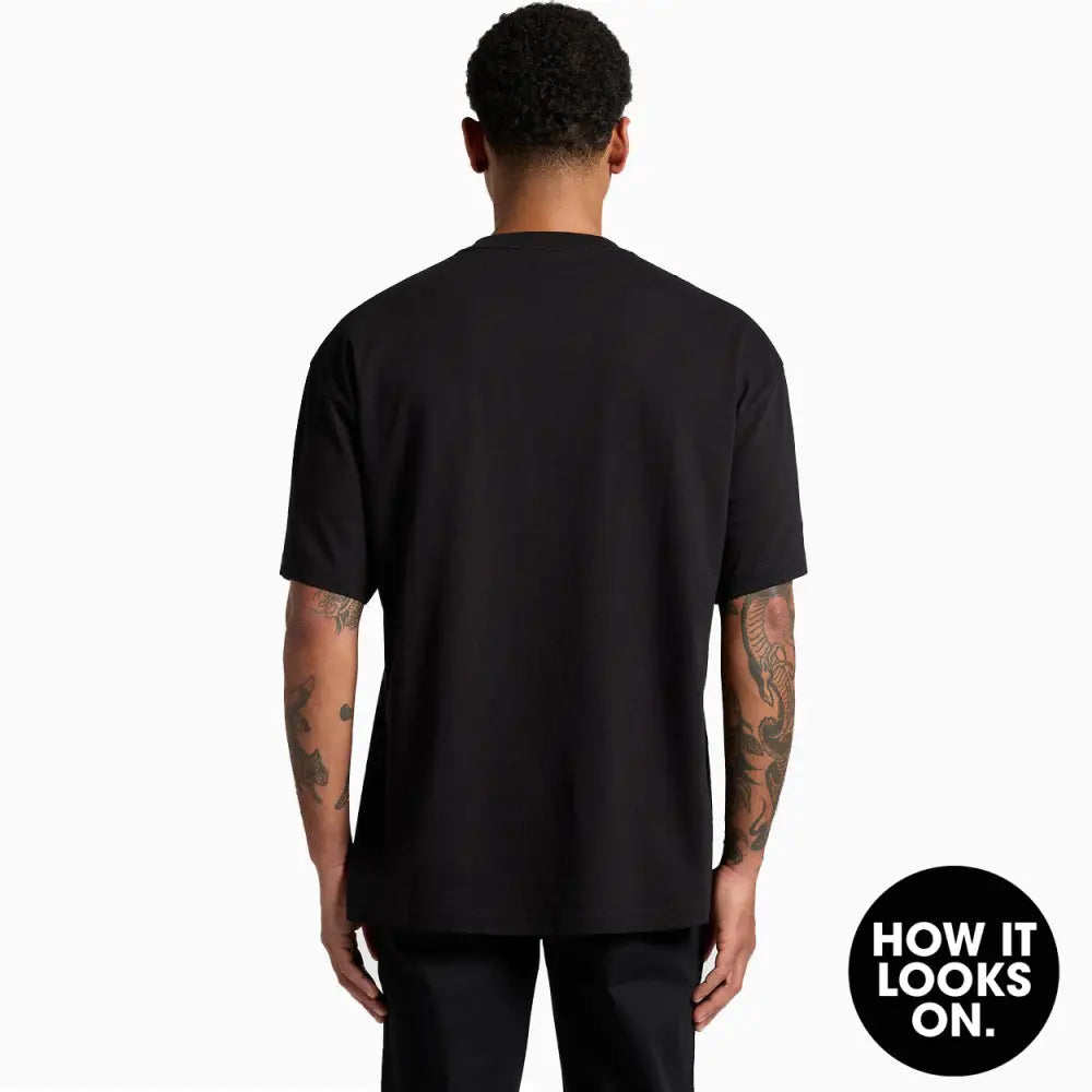 Black t-shirt on a person.