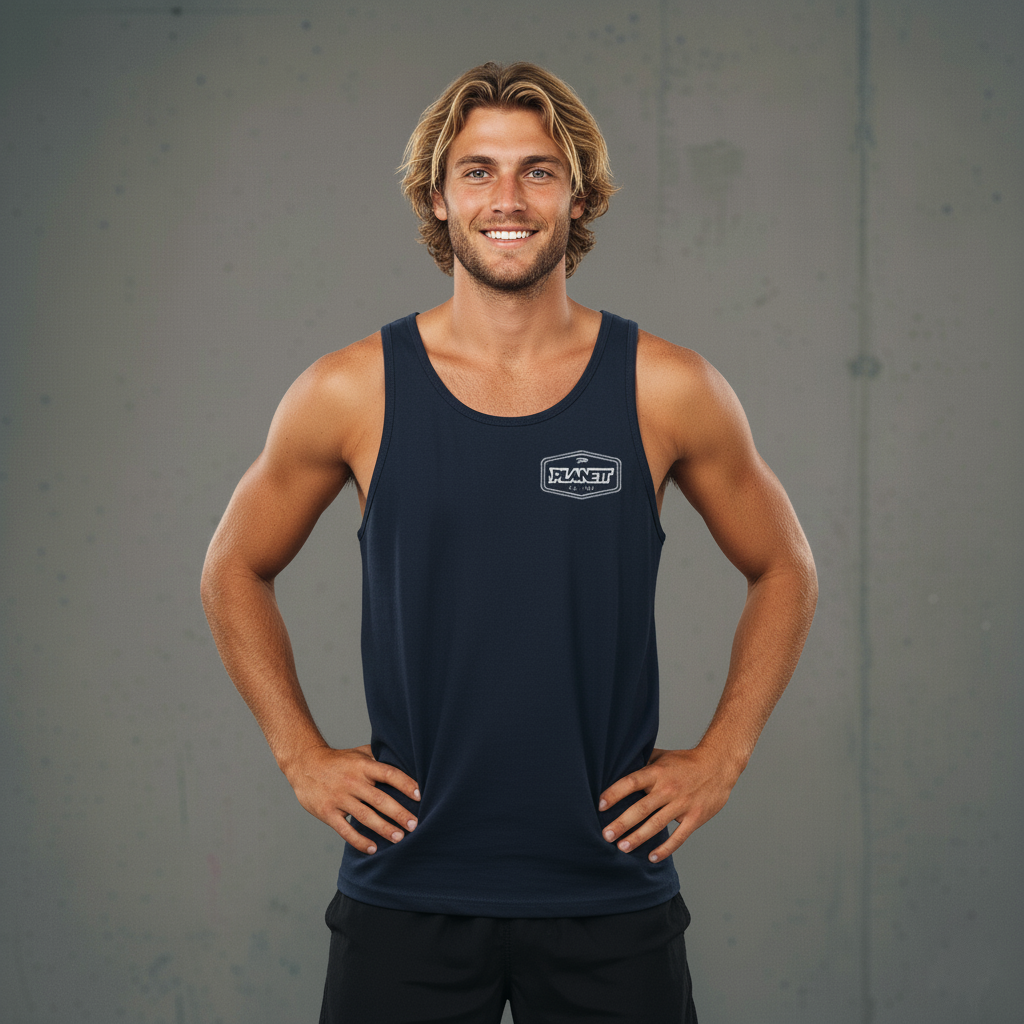 A smiling man with shoulder-length blonde hair wearing a dark blue tank top and black shorts.