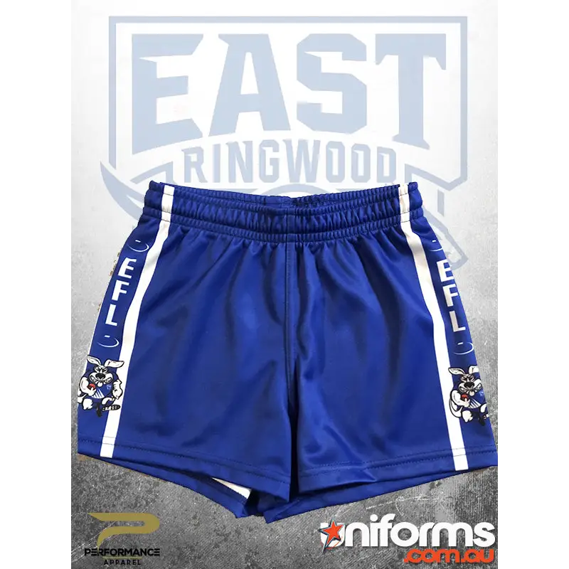Blue athletic shorts with white stripes.