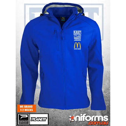 Blue hooded jacket.