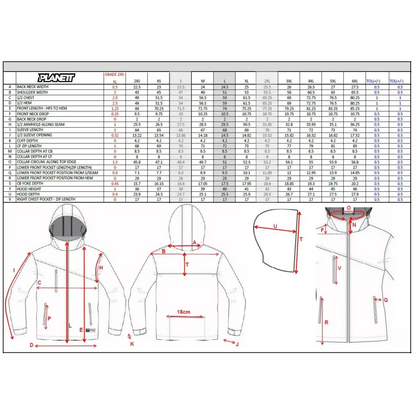 Technical drawing of a hooded jacket with size chart.