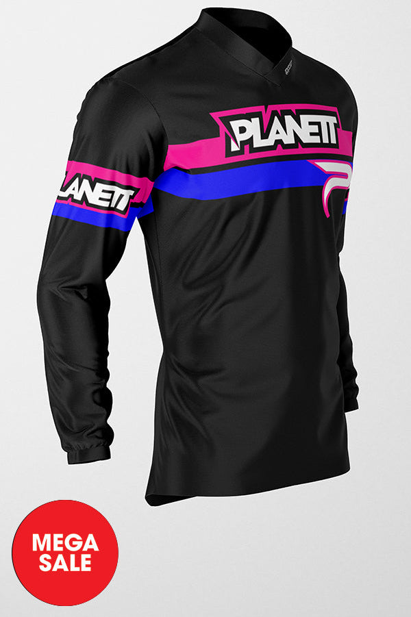 Black planeti jersey with pink and purple accents, zipper closure.