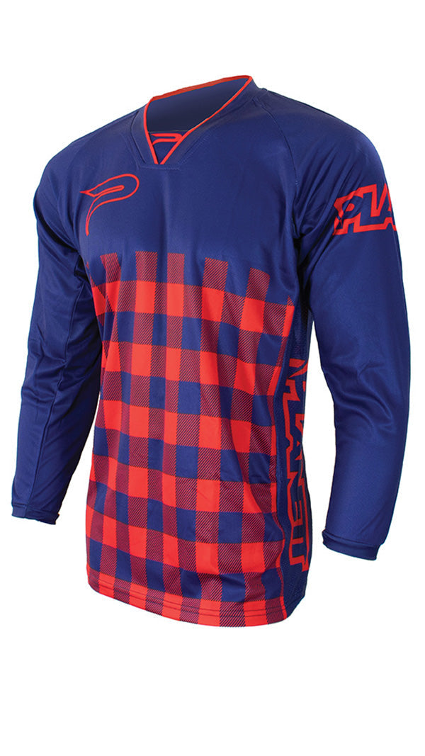 Blue and red plaid long-sleeve athletic jersey.