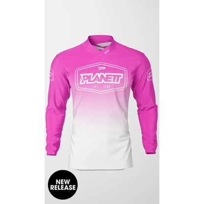 Pink and white long-sleeved shirt.