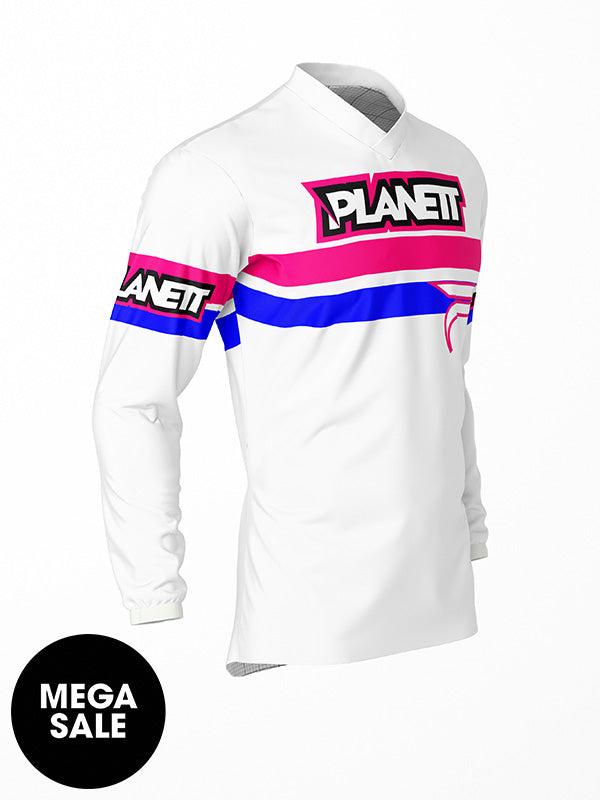 A white long-sleeved athletic jersey with pink and blue stripes.