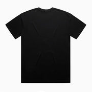 Black short-sleeved t-shirt.