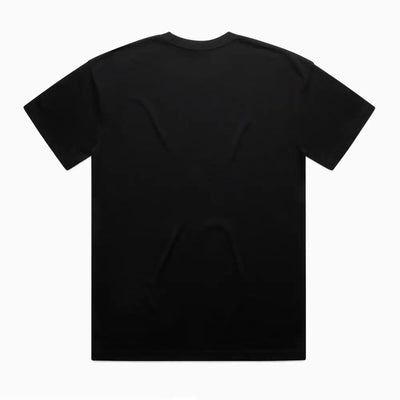 Black short-sleeved t-shirt.
