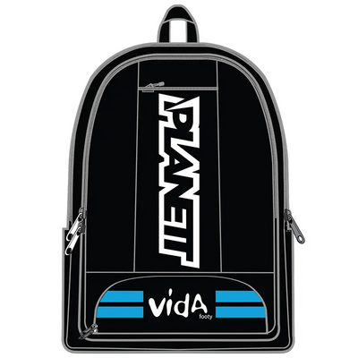 Black backpack with white and blue accents.