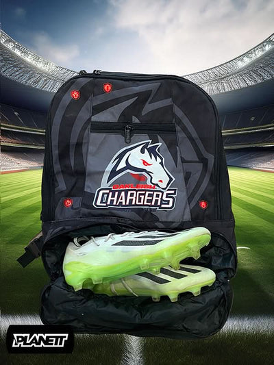 Black athletic backpack with a horse logo and a compartment for cleats.