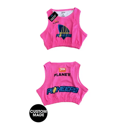 Pink athletic crop top.