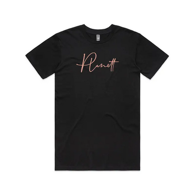 Black t-shirt with pink script.