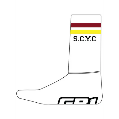 White sock with stripes and lettering.