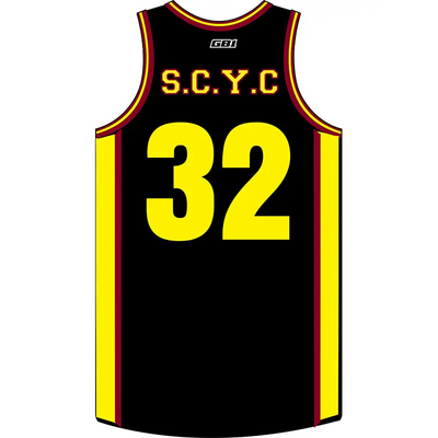 Black basketball jersey with yellow accents.