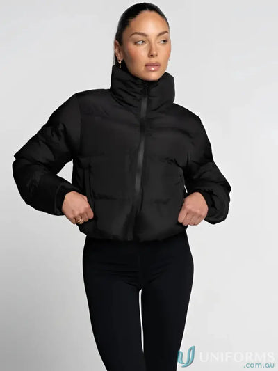 Black puffer jacket with high collar and zipper, likely made of synthetic material for warmth.