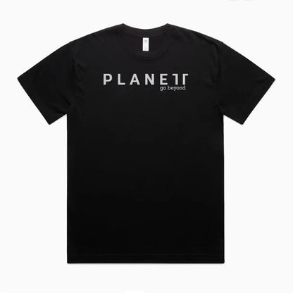 Black t-shirt with white text.