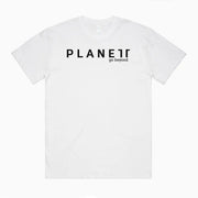White t-shirt with black text.