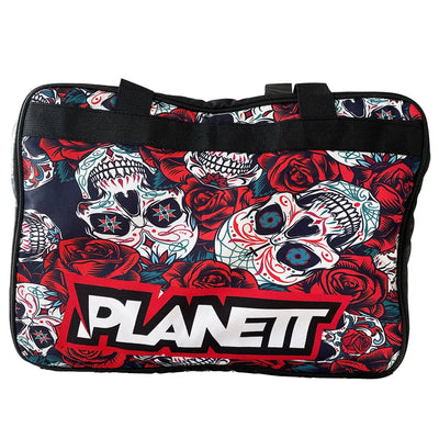 Skull and rose patterned duffel bag.