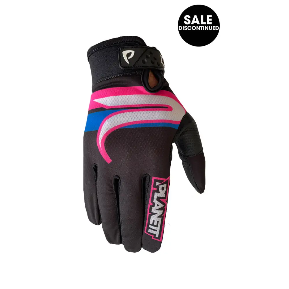 Black, pink, and blue riding glove.