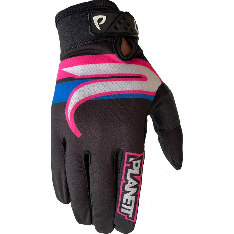 Black, pink, white, and blue motocross glove.