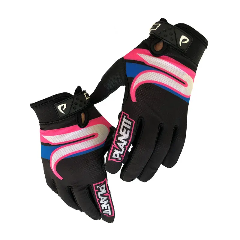 Pair of black, pink, and blue cycling gloves.