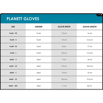 Planett gloves size chart.