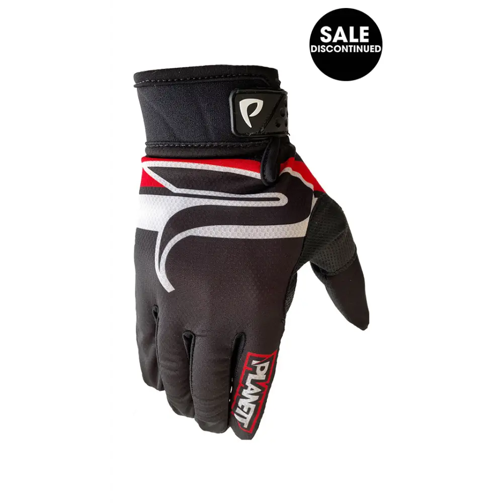 Black, red, and white racing glove.