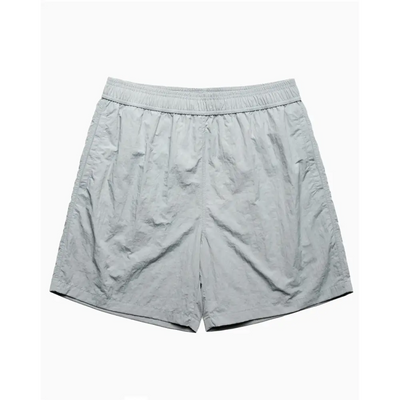 Gray nylon shorts.