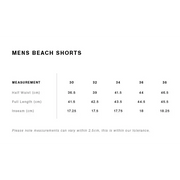 Men’s beach shorts size chart.