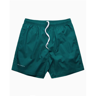 Green swim trunks with white drawstring.