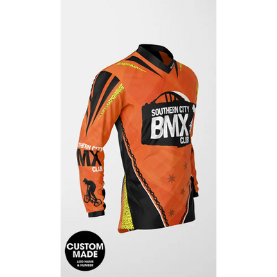 Orange and black BMX jersey.