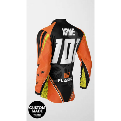 Orange and black cycling jersey.