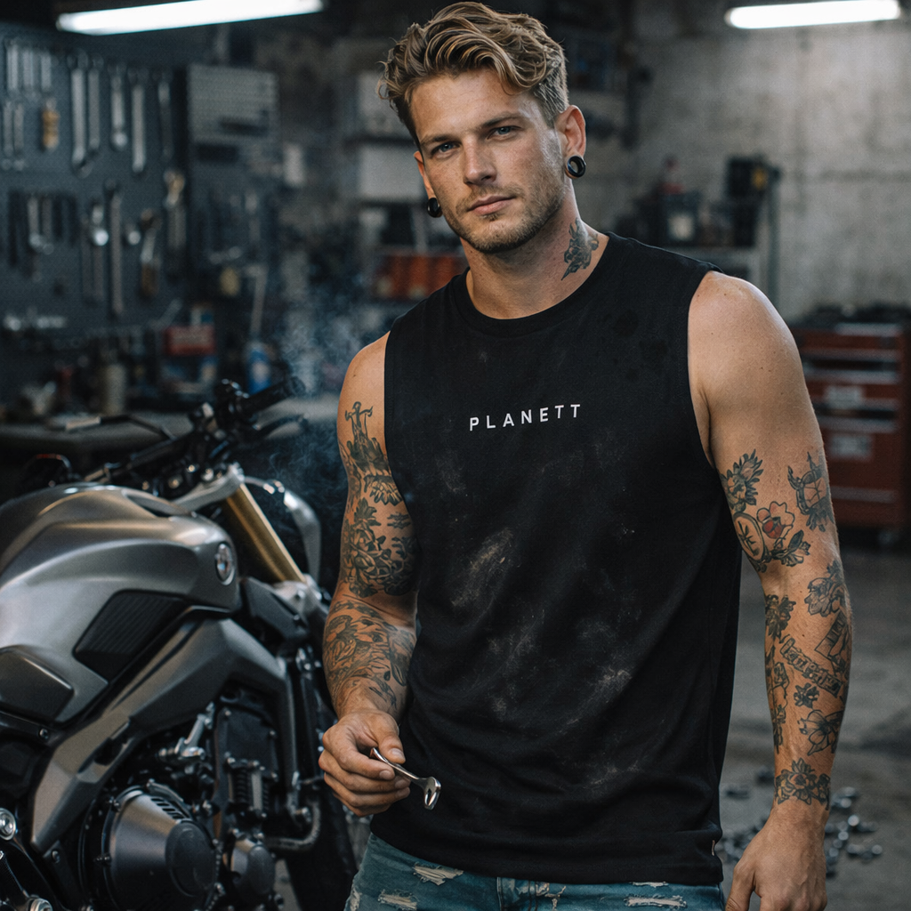 Black sleeveless tank top with ’planett’ printed in white across the chest.